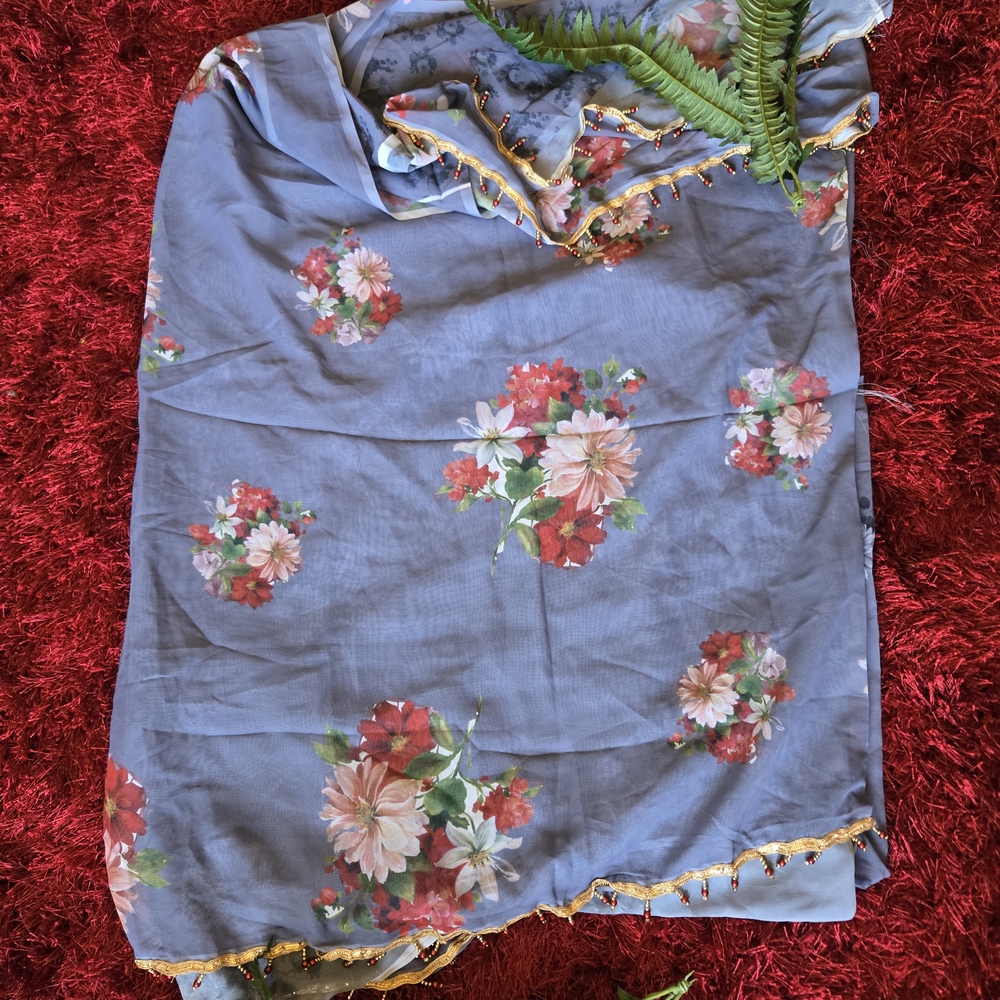 Blue/Grey Saree With Flowers